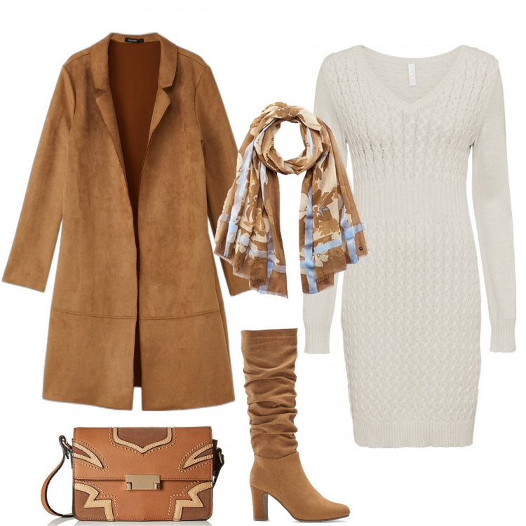 Outfit donna - Stivali e maxi pull. Stile Basic per Tutti i giorni. Abbinamento con vestiti, stivali, giacche, borse a tracolla, sciarpe.