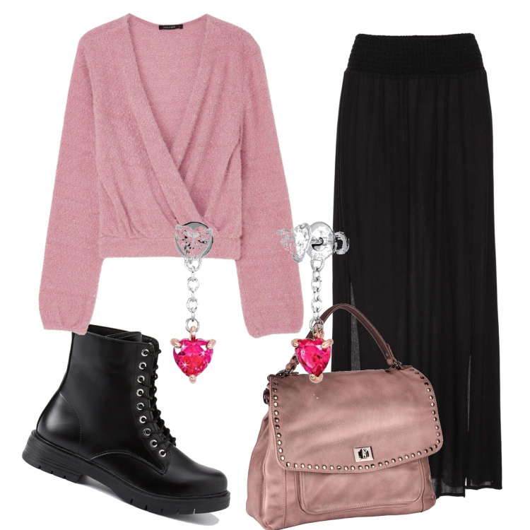 Outfit donna - Ottobre in rosa. Stile Boho per Scuola/Università. Abbinamento con gonne lunghe, maglieria, anfibi, orecchini, borse a mano.