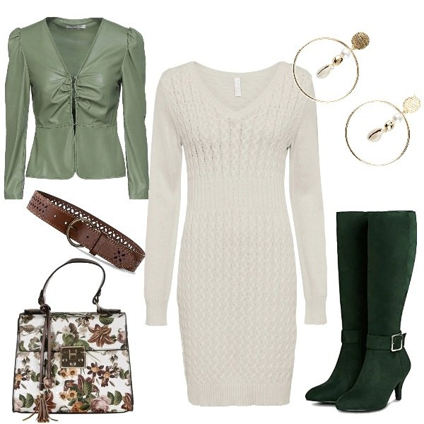 Outfit donna - Stivali verdi. Stile Casual chic per Ufficio. Abbinamento con vestiti, cinture, orecchini, blazer, borse a mano, stivali.