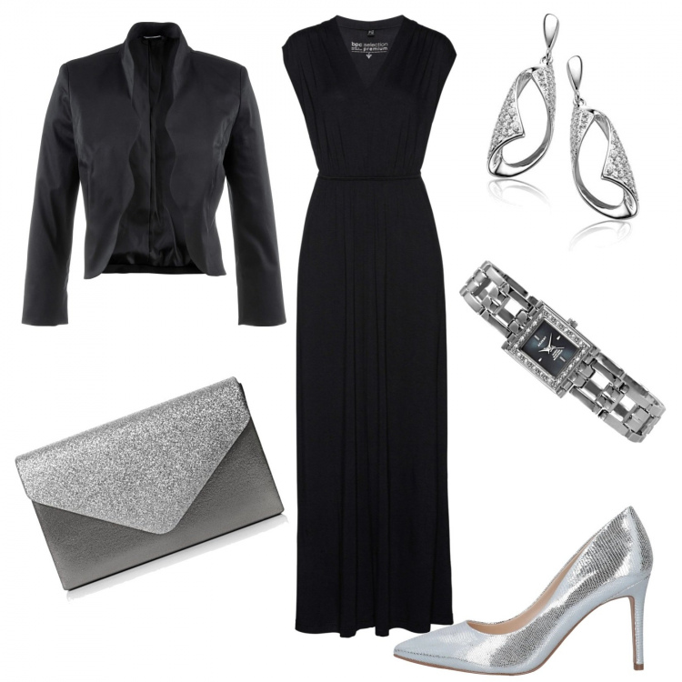 Outfit donna - Pochette e décolleté argento. Stile Chic per Serata fuori. Abbinamento con décolleté, vestiti lunghi, blazer, pochette, orecchini, orologi.