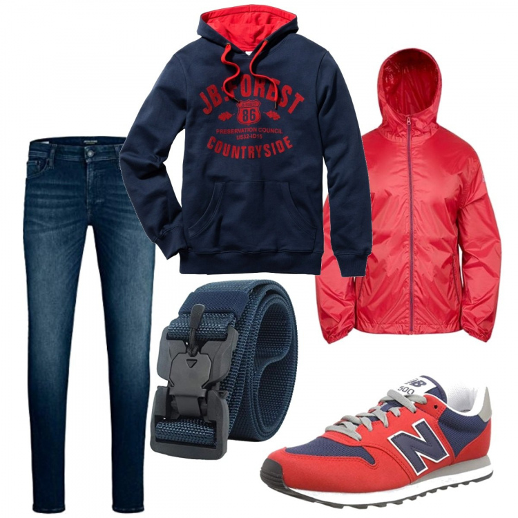 Outfit uomo - Casual blu e rosso. Stile Casual per Tutti i giorni. Abbinamento con felpe con cappuccio, cinture, giacche, sneakers, jeans dritti.