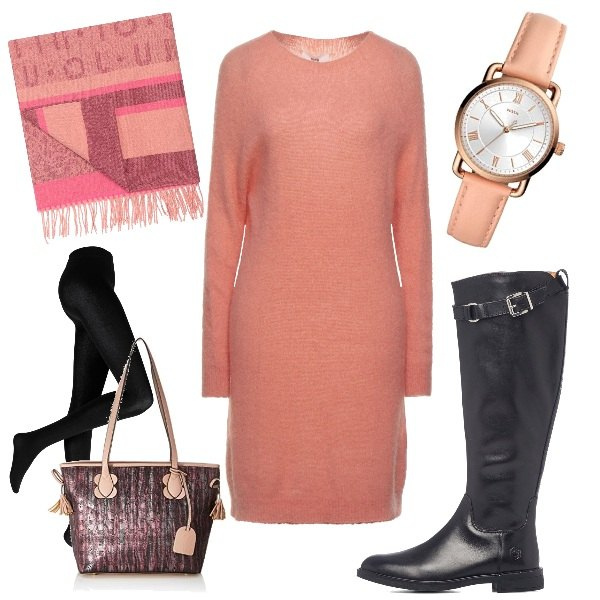 Outfit donna - In ufficio con l\'abito color salmone. Stile Basic per Ufficio. Abbinamento con collant, vestiti corti, sciarpe, stivali, borse tote, orologi.