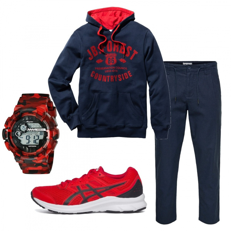 Outfit uomo - Casual #24702. Stile Casual per Tutti i giorni. Abbinamento con felpe con cappuccio, scarpe sportive, pantaloni, orologi.