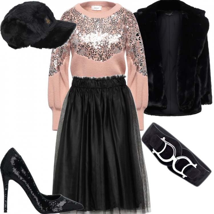 Outfit donna - Serata fuori in felpa luccicante. Stile Casual chic per Serata fuori. Abbinamento con cinture, gonne longuette, pullovers, cappotti, décolleté, cappelli.