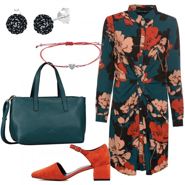 Outfit donna - Abbinamento verde rosso e nero. Stile Trendy per Ufficio. Abbinamento con braccialetti, vestiti, borse tote, scarpe col tacco, orecchini.
