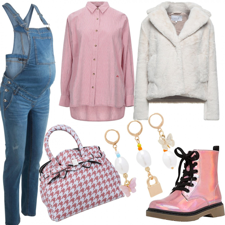 Outfit donna - In attesa di Sofia. Stile Basic per Tutti i giorni. Abbinamento con salopette, borse a mano, cappotti, orecchini, camicie, stivaletti.