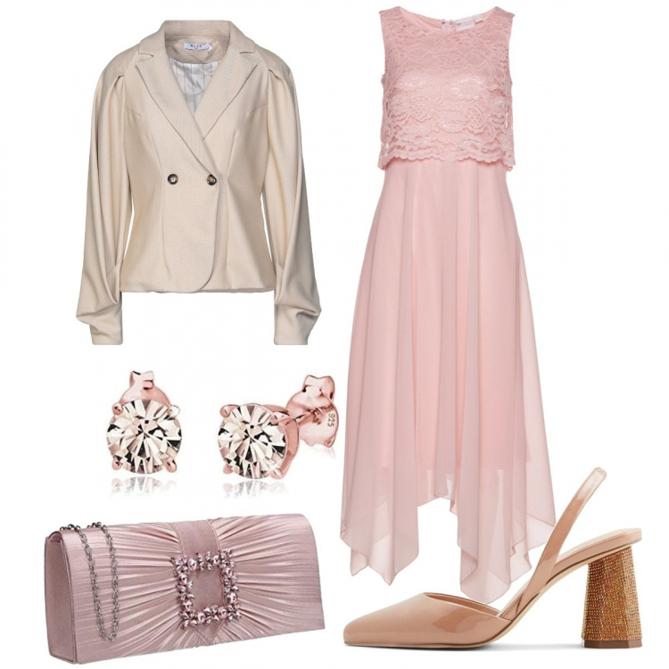Outfit donna - Abito e borsetta sul rosa. Stile Glamour per Cerimonia. Abbinamento con vestiti midi/longuette, blazer, décolleté, pochette, orecchini.