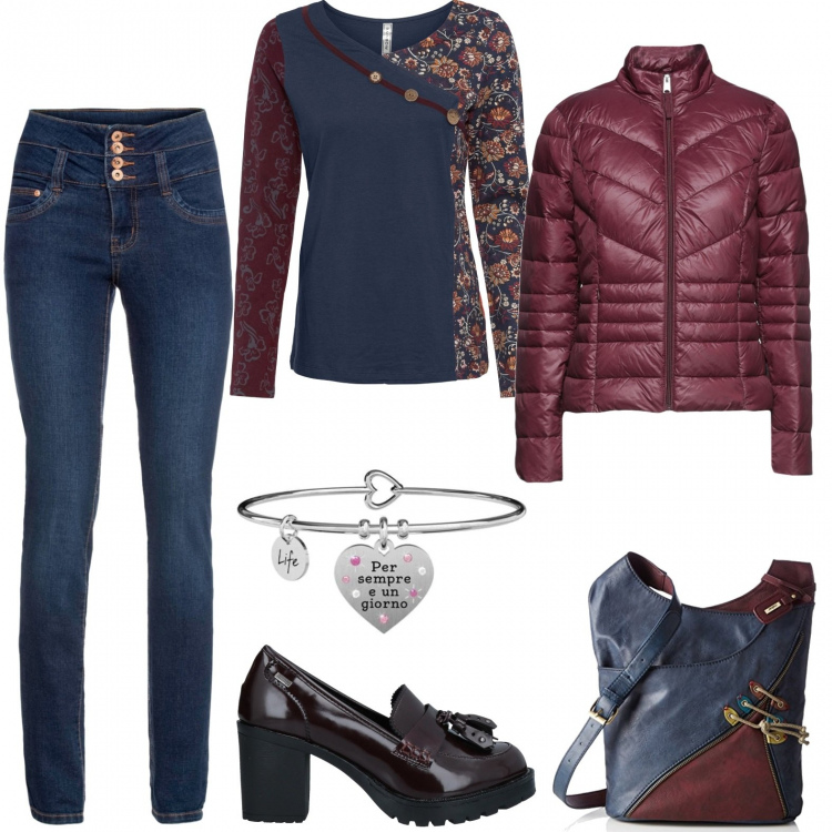 Outfit donna - Desiderio casual. Abbinamento con maglieria, jeans, mocassini, piumini, braccialetti, borse a mano.