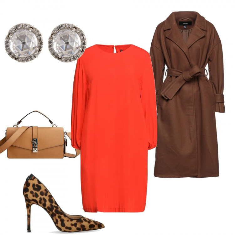 Outfit donna - Arancio. Stile Glamour per Serata fuori. look ideale per Tall. Abbinamento con vestiti corti, cappotti, décolleté, orecchini, borse a mano.