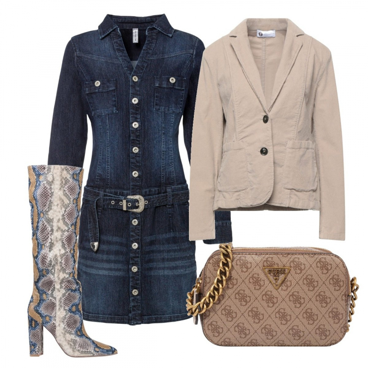 Outfit donna - Abito+stivali. Stile Casual per Tutti i giorni. Abbinamento con vestiti, stivali, blazer, borse a tracolla.