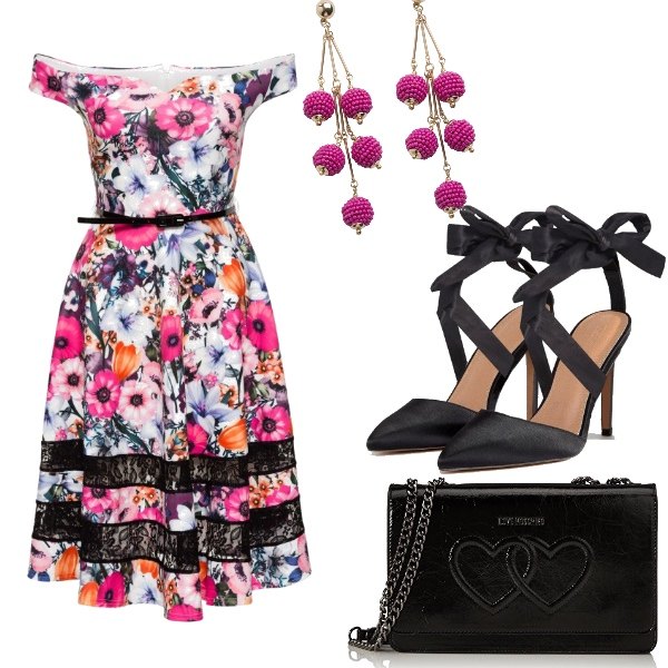 Outfit donna - Fucsia e nero. Stile Bon Ton per Cerimonia. Abbinamento con maglieria, scarpe con tacco con fiocco e tacco spillo a punta in raso, orecchini rosa, borsa a spalla nero.