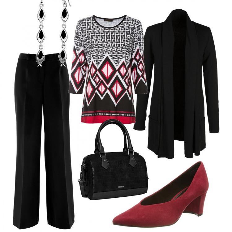 Outfit donna - Ufficio - Donna Curvy. Stile Trendy per Ufficio. Abbinamento con pantaloni, maglieria, cardigans, scarpe col tacco, borse a mano, orecchini.