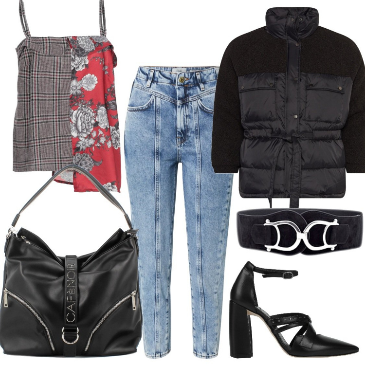 Outfit donna - Casual #8096. Stile Casual per Tutti i giorni. Abbinamento con cinture, top, décolleté, shopping bag, giacche, jeans.