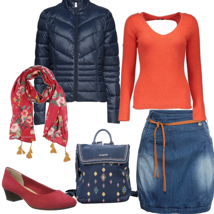 Outfit donna - Una passeggiata al lungo mare. Stile Casual per Tutti i giorni. Abbinamento con minigonne, piumini, sciarpe, maglieria, zaini, décolleté.