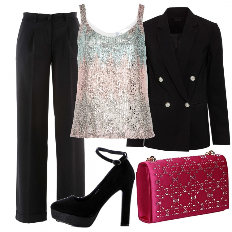 Outfit donna - Serata fuori - curvy. Stile Vintage retrò per Serata fuori. Abbinamento con pantaloni, bluse, blazer, décolleté, pochette.