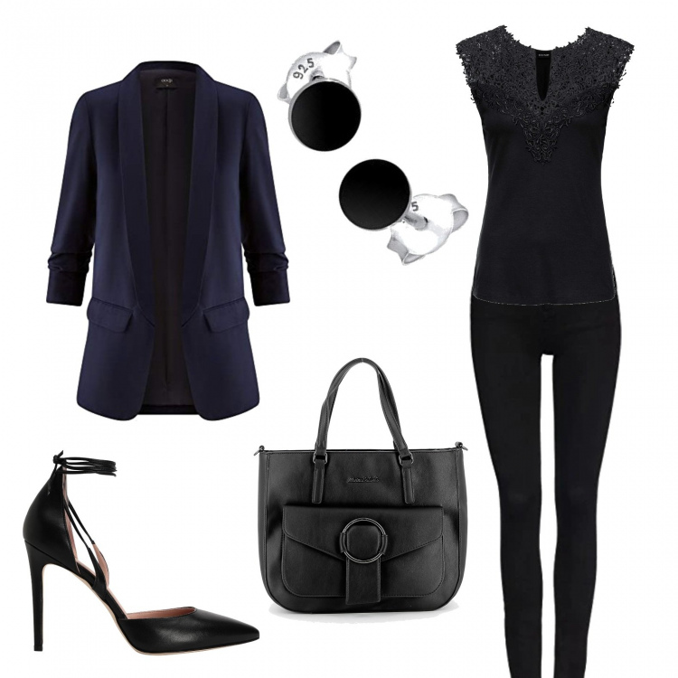 Outfit donna - Aperitivo fra amiche. Abbinamento con top, décolleté, borse a mano, blazer, jeans skinny, orecchini.