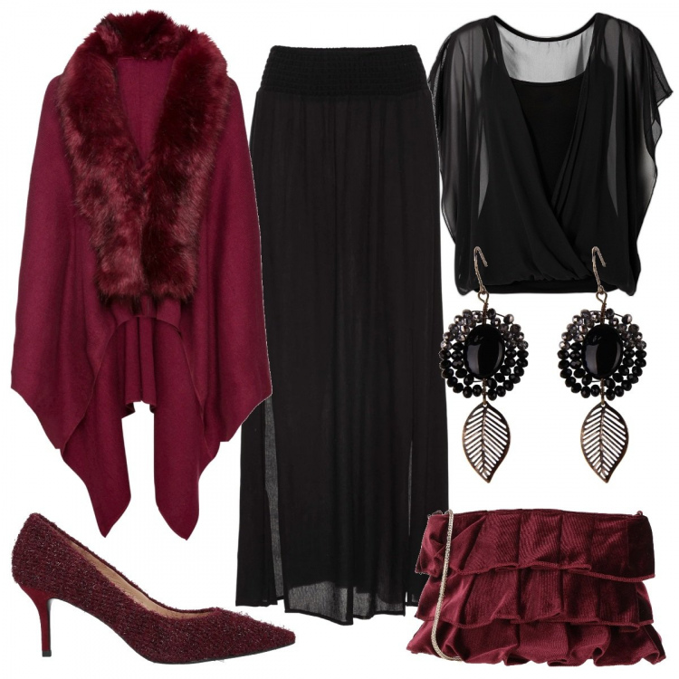 Outfit donna - Il mantello Bordeaux. Stile Chic per Serata fuori. Abbinamento con gonne lunghe, cappotti, bluse, borse a tracolla, décolleté, orecchini.