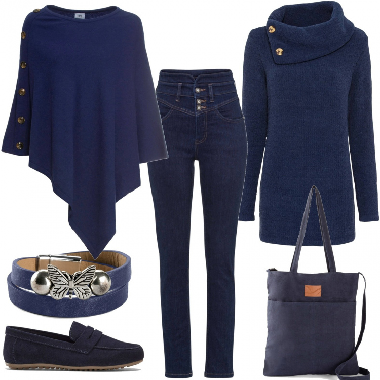 Outfit donna - Monomarca monocolore. Stile Casual per Ufficio. Abbinamento con maglieria, mocassini, jeans skinny, maglieria, shopping bag, braccialetti.