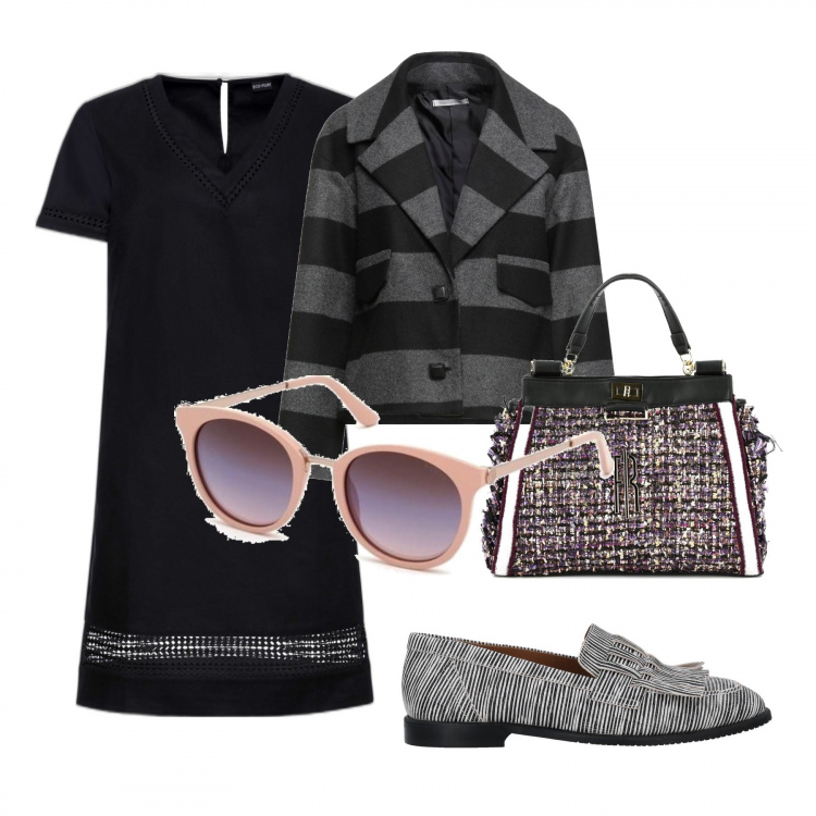 Outfit donna - L’abitino nero. Stile Basic per Ufficio. Abbinamento con vestiti, blazer, mocassini, borse tote, occhiali da sole.