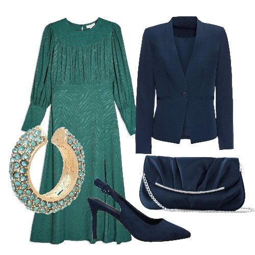 Outfit donna - Verde acqua e blu. Stile Chic per Cerimonia. Abbinamento con blazer, pochette, vestiti midi/longuette, orecchini, décolleté.