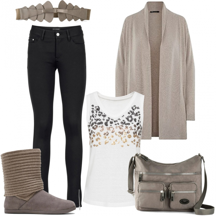 Outfit donna - Giornata senza pause. Stile Casual per Scuola/Università. Abbinamento con borse a tracolla, pantaloni, top, stivali, cinture, cardigans.