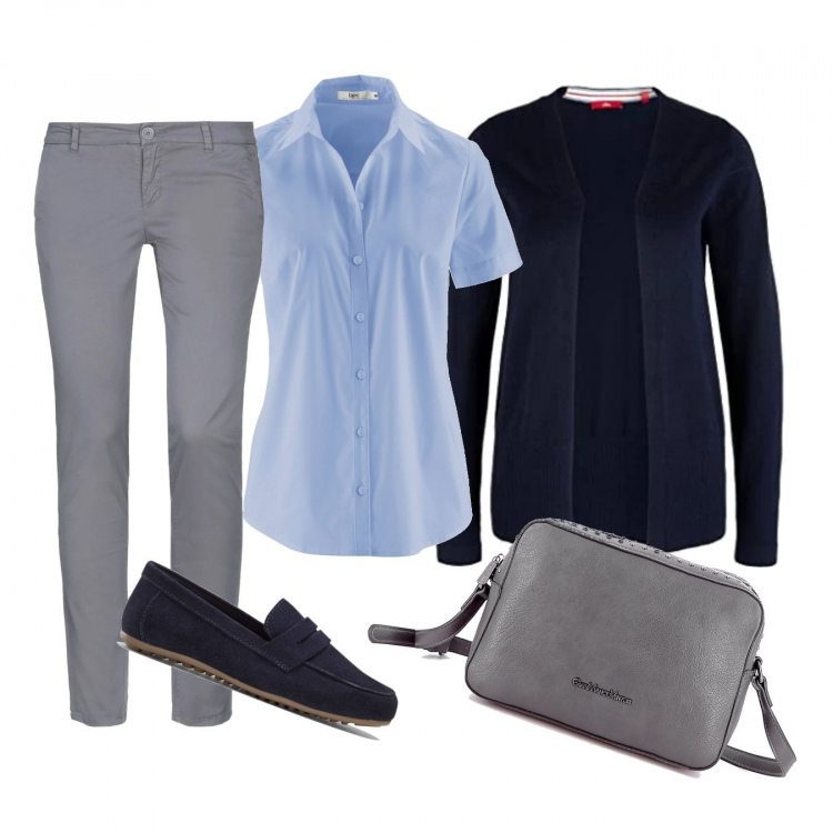 Outfit donna - Basica in ufficio. Stile Basic per Ufficio. Abbinamento con mocassini, camicie a manica corta, pantaloni, borse a tracolla, cardigans.