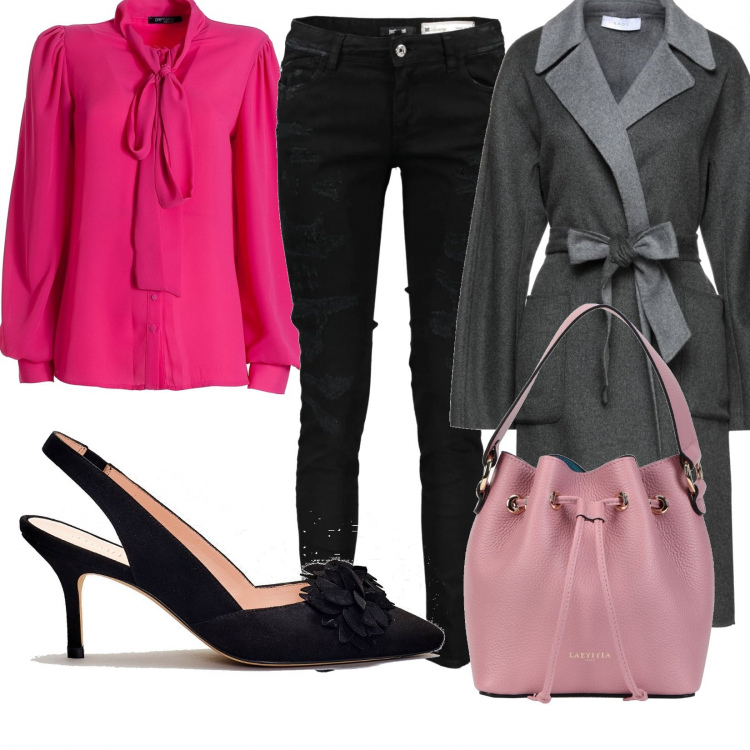 Outfit donna - Cena amica. Stile Casual chic per Serata fuori. Abbinamento con camicie, scarpe col tacco, borse a mano, cappotti, pantaloni.