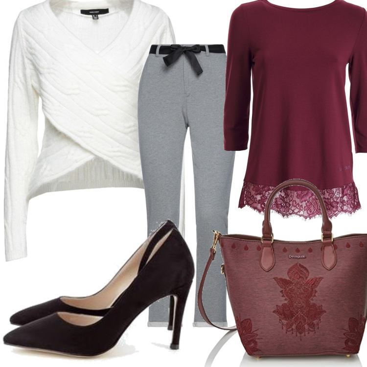 Outfit donna - A lavoro!. Stile Casual chic per Ufficio. Abbinamento con maglieria, décolleté, pullovers, pantaloni, borse a mano.