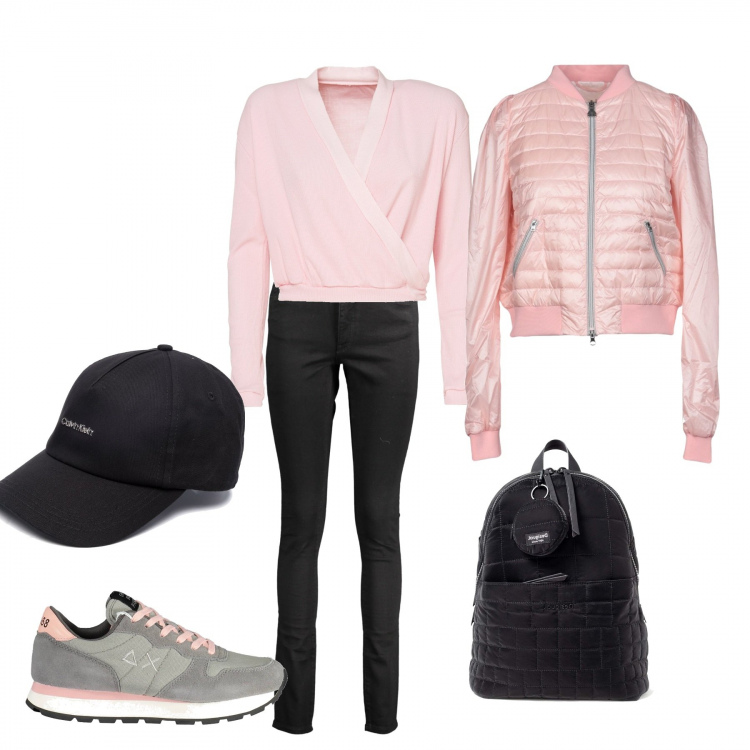 Outfit donna - Un tocco di rosa. Stile Sporty chic per Tutti i giorni. Abbinamento con piumini, zaini, top, cappelli con visiera, sneakers, jeans skinny.