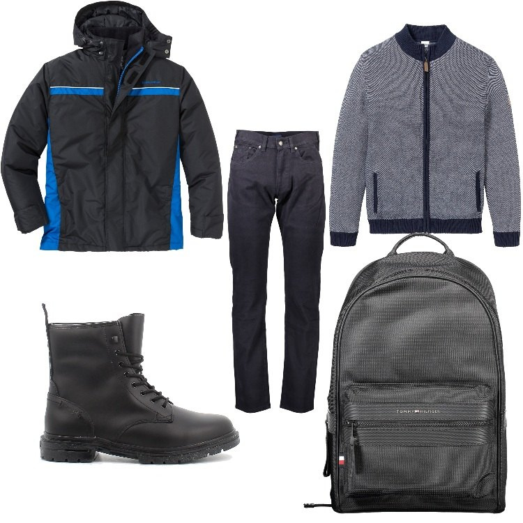 Outfit uomo - Giornata piovosa. Stile Casual per Tutti i giorni. Abbinamento con cardigans, giacche, anfibi, borse sportive, pantaloni.