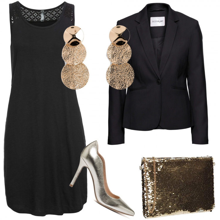 Outfit donna - Nero e oro. Stile Chic per Serata fuori. Abbinamento con vestiti, blazer, orecchini, décolleté, pochette.
