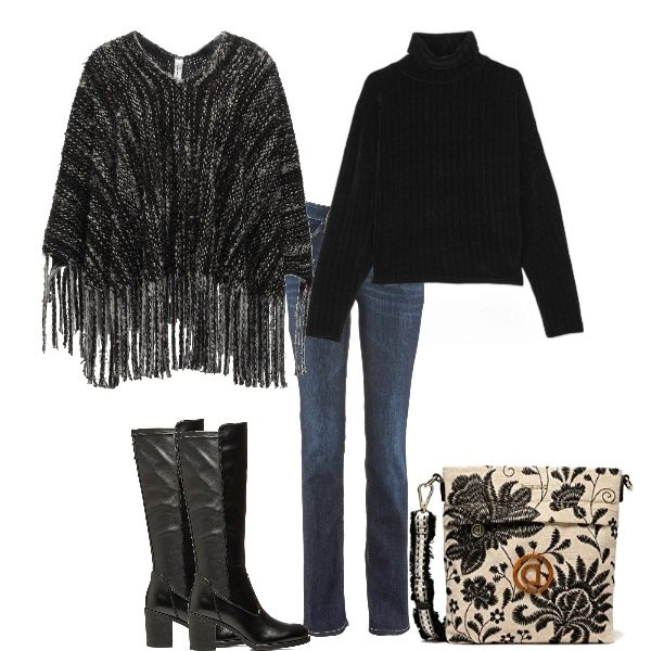 Outfit donna - Casual con la mantella. Stile Casual per Tutti i giorni. Abbinamento con jeans dritti, cappe, t-shirt, stivali, borse a tracolla.