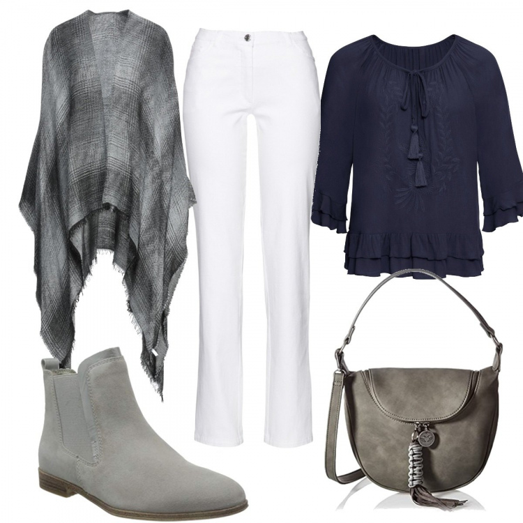 Outfit donna - La borsa etnica. Stile Etnico per Tutti i giorni. Abbinamento con pantaloni, tuniche, cappe, borse a tracolla, stivaletti chelsea.