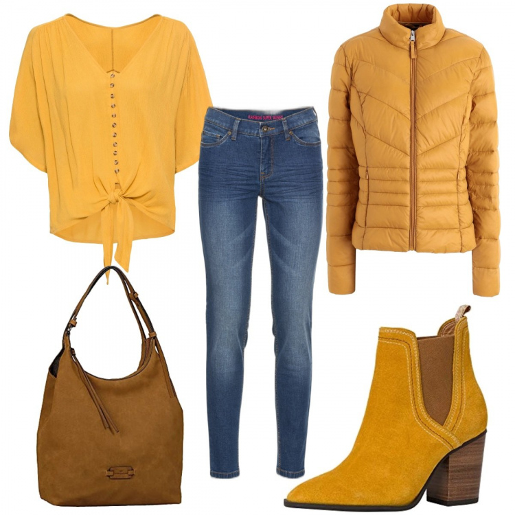 Outfit donna - Giallo a ottobre. Stile Basic per Tutti i giorni. Abbinamento con jeans skinny, camicie a manica corta, piumini, stivaletti chelsea, zaini.