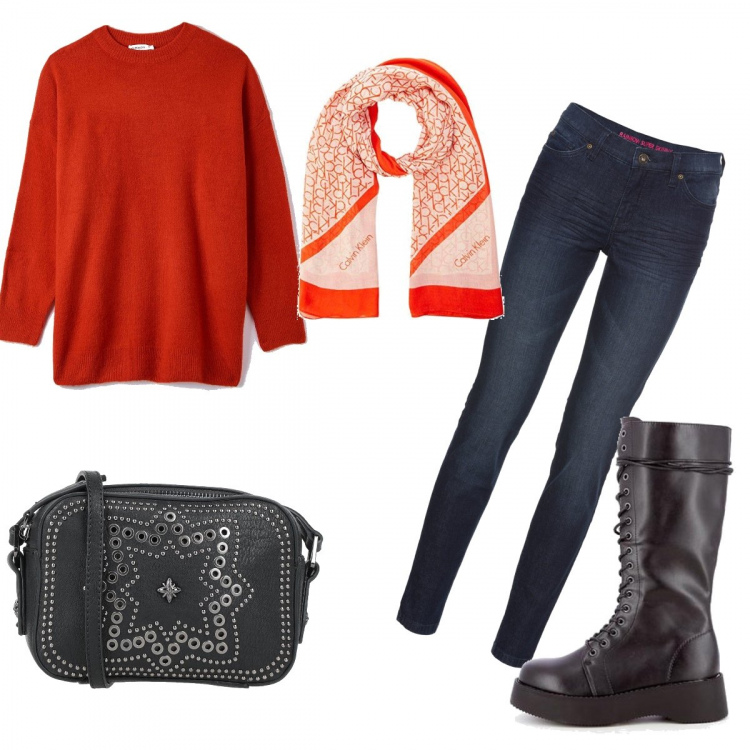 Outfit donna - Maglione arancio caldo. Stile Casual per Scuola/Università. Abbinamento con jeans skinny, borse a tracolla, maglieria, anfibi, sciarpe.