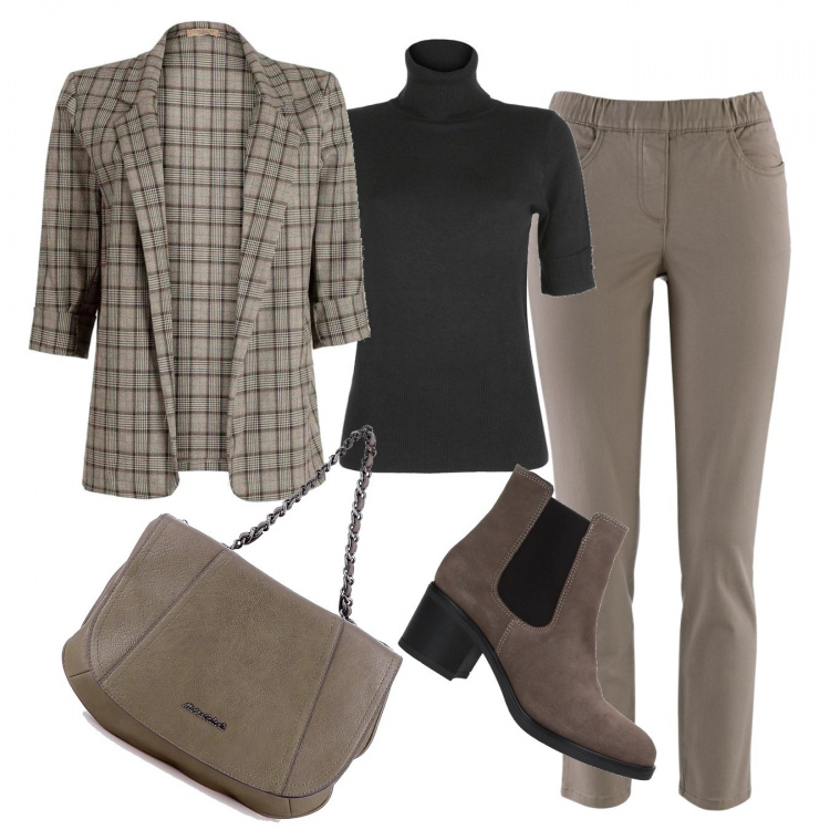 Outfit donna - Nei toni del fango. Stile Basic per Ufficio. Abbinamento con pantaloni, stivaletti, blazer, pullovers, borse a mano.