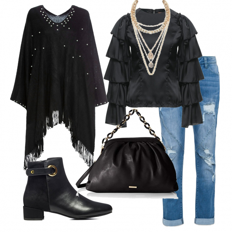 Outfit donna - Elegante anche con i jeans. Stile Casual chic per Tutti i giorni. Abbinamento con jeans boyfriend, cappotti, bluse, collane, stivaletti, borse a mano.