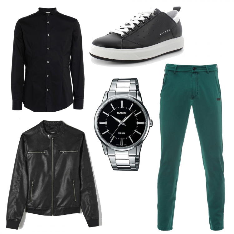 Outfit uomo - Spritz tra amici. Stile Biker Rock per Tutti i giorni. Abbinamento con sneakers, pantaloni chino, camicie, cappotti, orologi analogici.