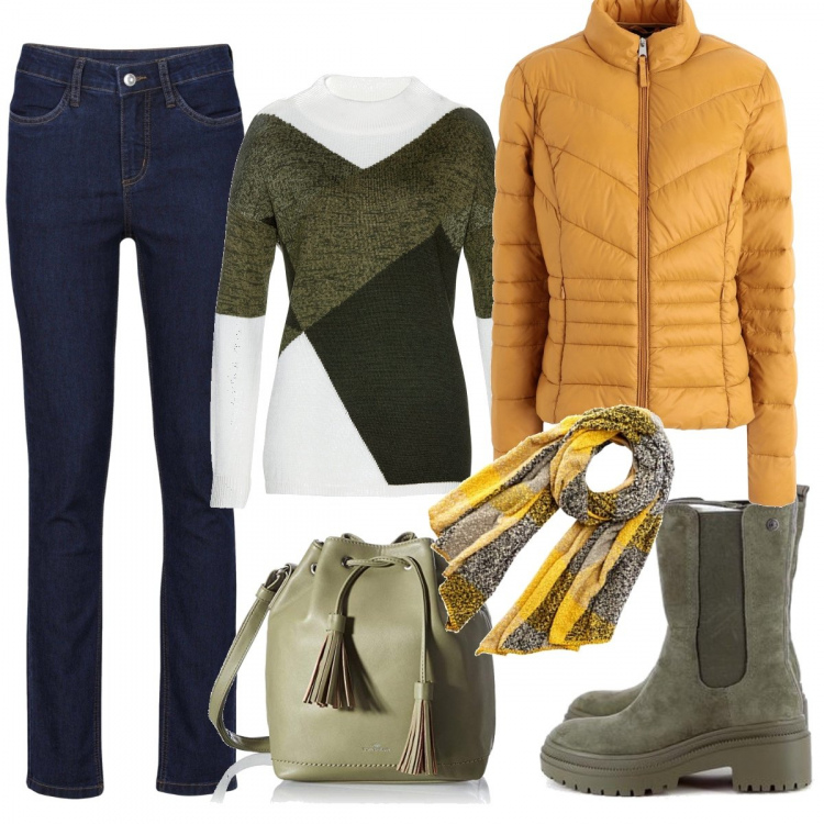 Outfit donna - Total look #1172855. Abbinamento con jeans, maglieria, piumini, stivaletti, sciarpe, zaini.
