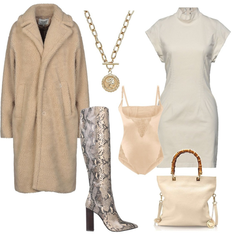 Outfit donna - Sfumature di beige. Stile Boho per Tutti i giorni. Abbinamento con body, stivali, cappotti, vestiti corti, borse a mano, ciondoli.