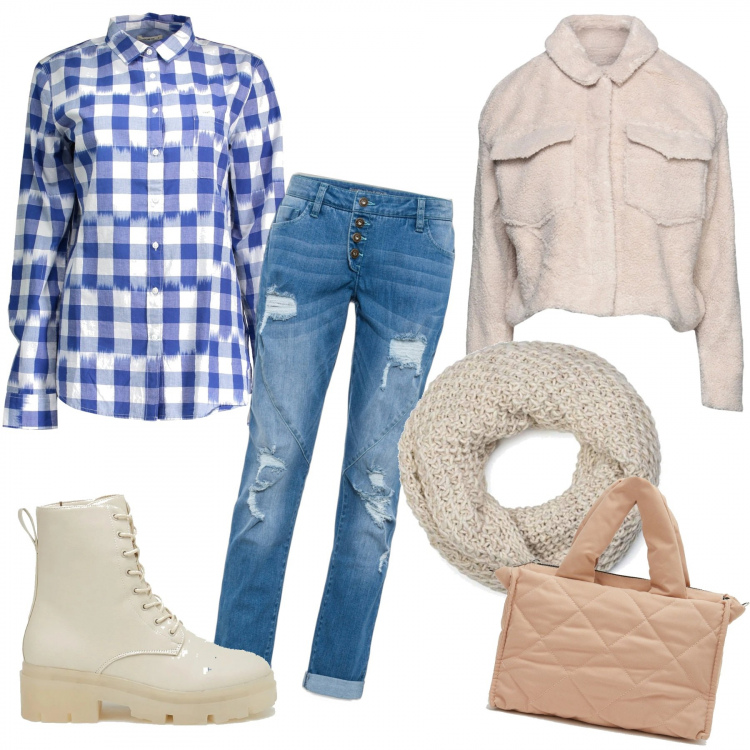 Outfit donna - Comoda in jeans. Stile Urban per Tutti i giorni. Abbinamento con jeans boyfriend, cappotti, anfibi, borse a mano, camicie, sciarpe.