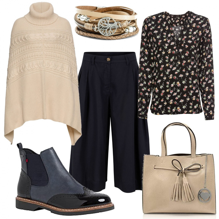 Outfit donna - Comoda e bella anche in ufficio. Stile Bon Ton per Ufficio. Abbinamento con bluse, braccialetti, pantaloni culotte, cappotti, stivaletti chelsea, borse a mano.
