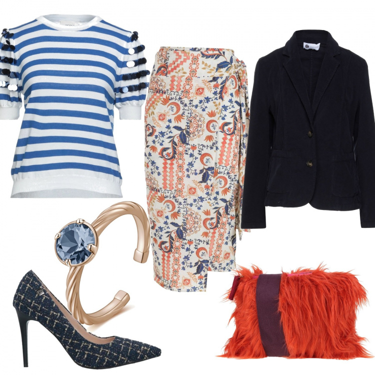 Outfit donna - Autunno e romanticismo. Stile Romantica per Tutti i giorni. Abbinamento con pullovers, borse a tracolla, blazer, décolleté, anelli, gonne.