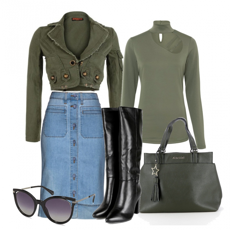Outfit donna - Un po\' di verde .... Stile Glamour per Tutti i giorni. Abbinamento con gonne, maglieria, blazer, stivali, borse a mano, occhiali da sole.