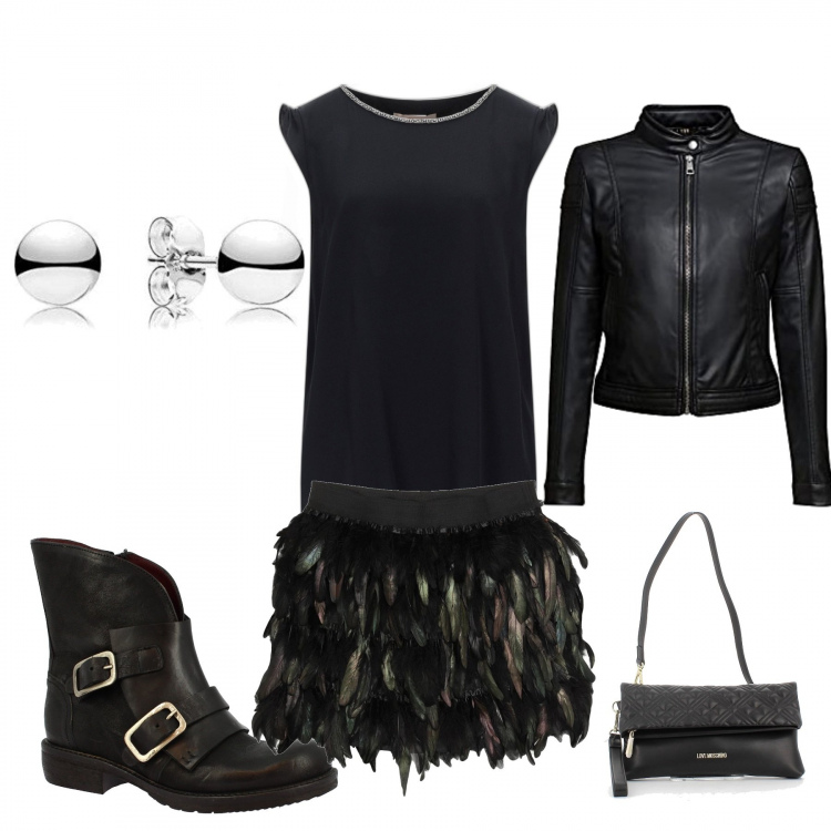 Outfit donna - Minigonna. Stile Casual chic per Tutti i giorni. Abbinamento con minigonne, bluse, stivaletti, borse a tracolla, giacche, orecchini.