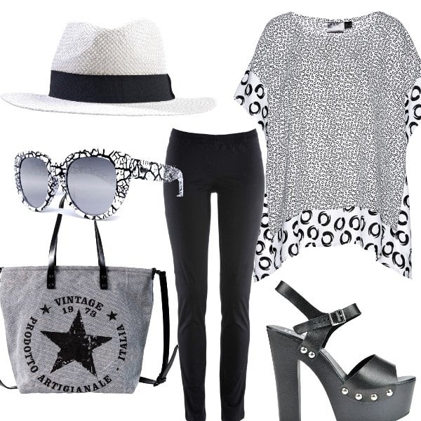 Outfit donna - Black and white. Stile Urban per Ufficio. Abbinamento con tunica fantasia bianco, treggings elasticizzato nero, shopping bag in denim grigio, occhiali da sole capri, sandali maxi con borchie e tacco e plateau con cinturino open toe made italy, cappello in paglia.