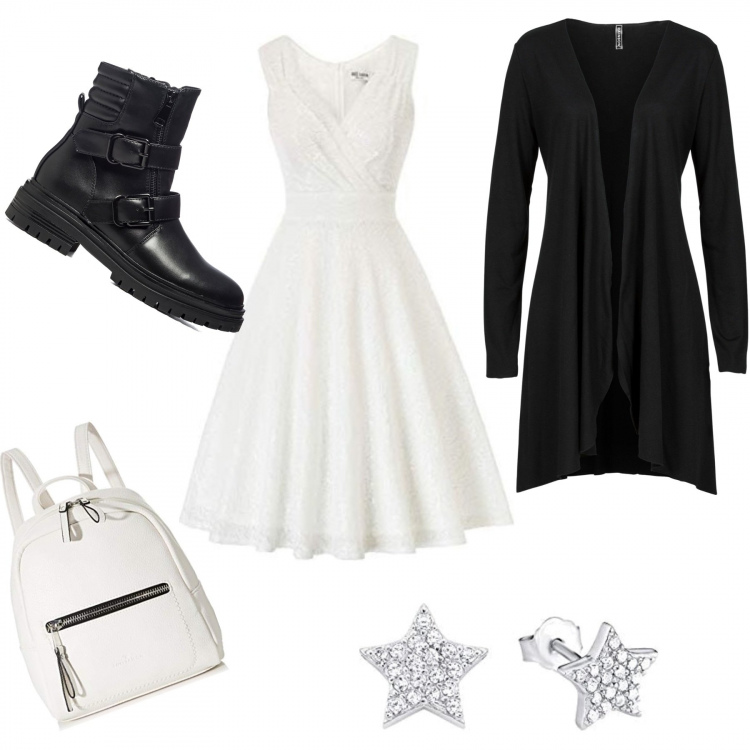 Outfit donna - Vestito Bianco. Stile Casual chic per Serata fuori. Abbinamento con cardigans, anfibi, vestiti senza maniche, zaini, orecchini.