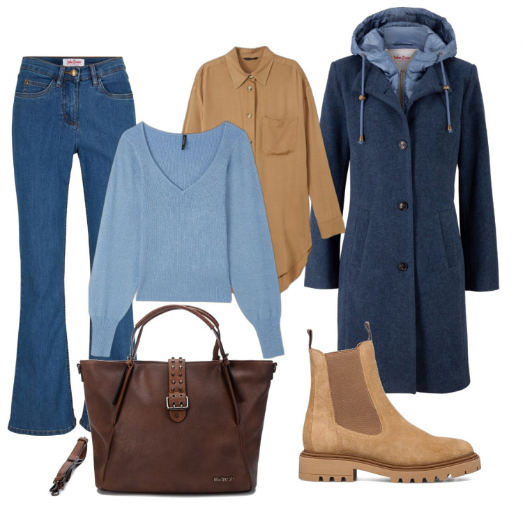 Outfit donna - Tutto il giorno in facoltà. Stile Basic per Scuola/Università. Abbinamento con cappotti, jeans bootcut, shopping bag, pullovers, camicie, stivaletti.