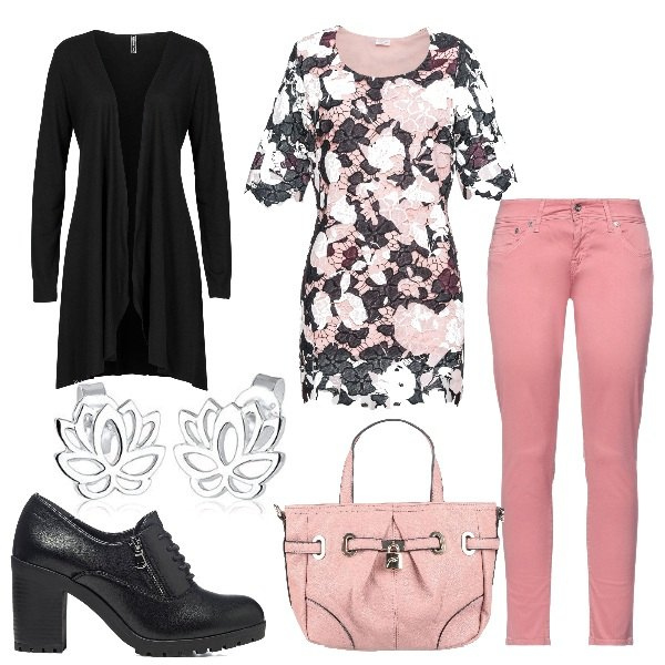 Outfit donna - Un tocco di rosa. Stile Casual per Tutti i giorni. Abbinamento con cardigans, tuniche, pantaloni, borse a mano, scarpe stringate, orecchini.
