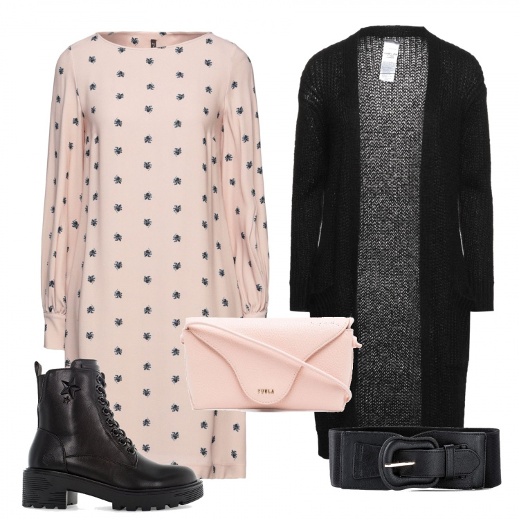 Outfit donna - Soft. Stile Casual per Tutti i giorni. Abbinamento con cinture, vestiti corti, cardigans, borse a tracolla, anfibi.